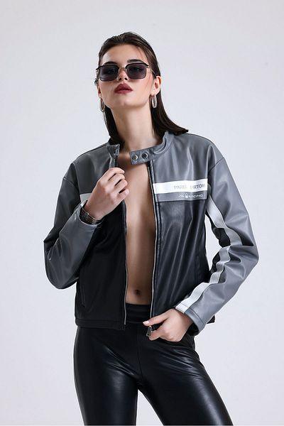 Black Level Jachetă de motociclist imprimată oversize pentru femei, cu fermoar, paltoane de colegiu, din piele, pentru curse, gri