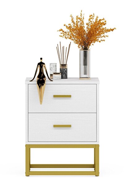 Hitit Dekorasyon Lodovica Gold Metal Beyaz Komodin