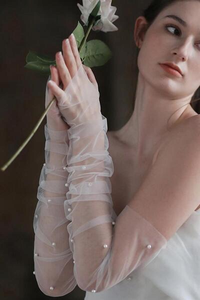 Limelia Διαφανή τούλινα γάντια νύφης - Περλέ και κομψά