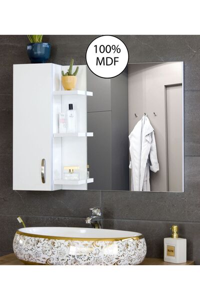 Nurcelant Aynalı Raflı Banyo Dolabı 80 Cm Üst Modül Mat Beyaz