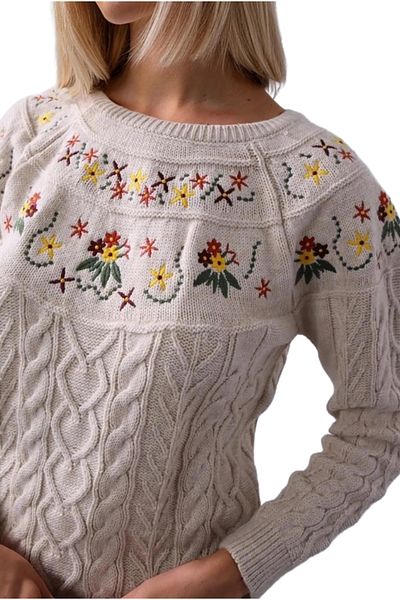 Cassime Pulover de damă cu decolteu rotund cu broderie florală bej