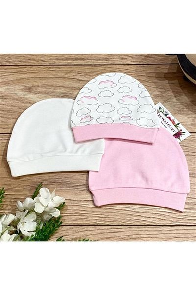 Renkli Puset Organic Cotton 3-Piece Combed Cotton Baby Hat Beanie Set Bulut