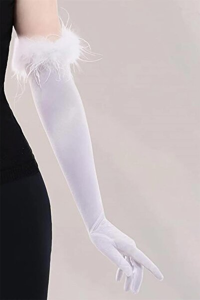 Limelia حفلة موسيقية طويلة - قفازات الزفاف الساتان ذات الريش الأبيض الفاتح