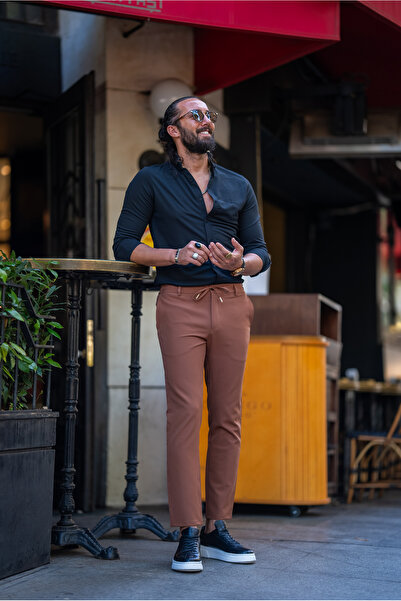 SARDINELLI Düz Süper Slim Fit İpli Erkek Pantolon Fındık