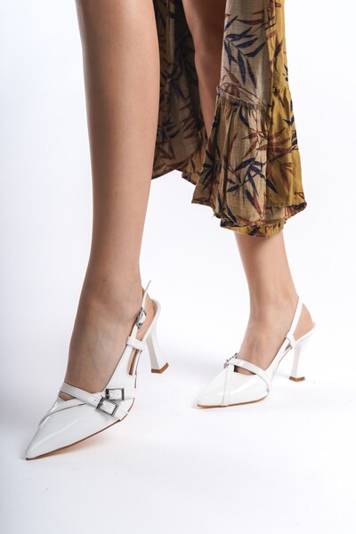 eformoda by emre yılmaz White Women's Pointed Toe Belt Buckle Detailed Comfortable Classic Heeled Shoes Heel 7 cm ZR01