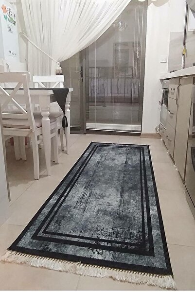 VOPTEKS Gri Siyah Halı Mutfak Halısı Leke Tutmaz Makinede Yıkanabilir Kaymaz Taban Halı