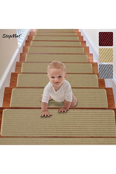 Stepmat Kare Kaymaz Tabanlı Ve Yıkanabilir Merdiven Basamak Halısı - Bej / Ad...