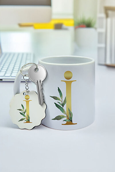 hediyemen Erkeğe hediye "İ" baş harfi ile tasarlanan çiçekli Gold tema kupa bardak ve anahtarlık seti