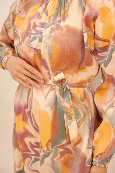 benguen Mustard Satin Hijab Dress - Model 3992