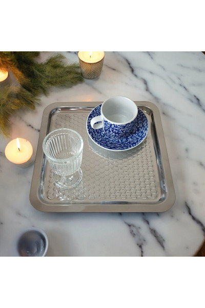store trend 2 li 21x21 dama Kare Çelik Tepsi  - Kahve ve Nişan Sunum Tepsisi