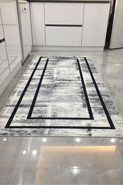 VOPTEKS Gri Siyah Halı Mutfak Halısı Leke Tutmaz Makinede Yıkanabilir Kaymaz Taban Halı