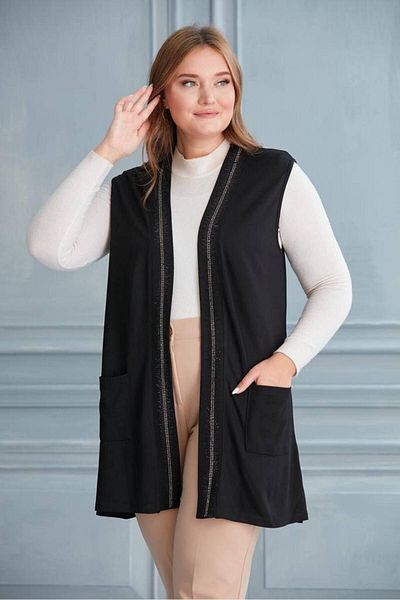 Butik Ayseba Women's Black Interlock Fabric Large Size Mother Vest with Jewelled Pockets