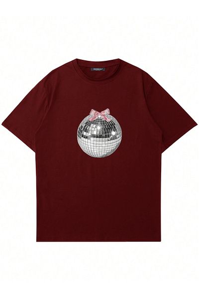 Mad&Calf Disco Ball Printed Oversize Women's T-Shirt - Crew Neck