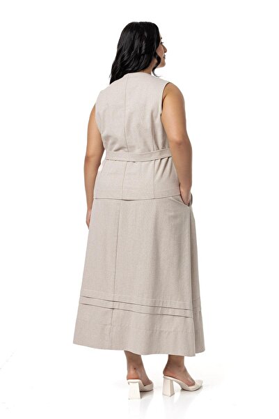 DISENTIS MODEST Plus Size Beige Linen Vest and Skirt Set