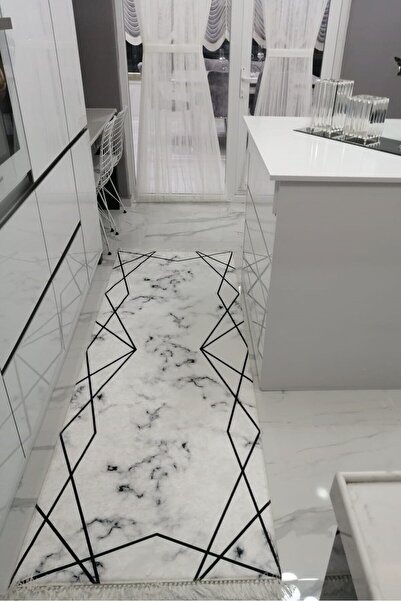 VOPTEKS Siyah Beyaz Halı Mutfak Halısı Leke Tutmaz Makinede Yıkanabilir Kayma...