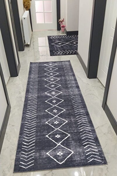 VOPTEKS Gri Yolluk Hol Antre Halısı Makinede Yıkanabilir Kaymaz Taban Halı