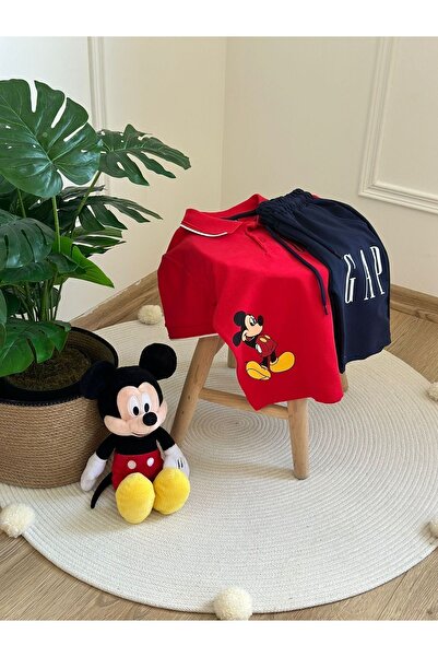 Eflin Butik Kırmızı Polo Yaka Mickey Mouse Gap Şortlu Takım