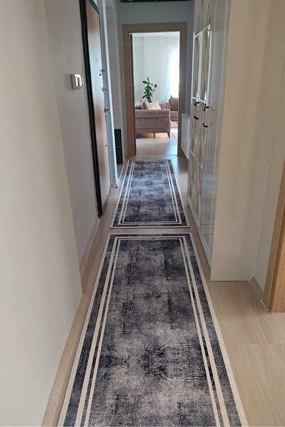 VOPTEKS Gri Beyaz Yolluk Koridor Halısı Makinede Yıkanabilir Kaymaz Taban Yol...