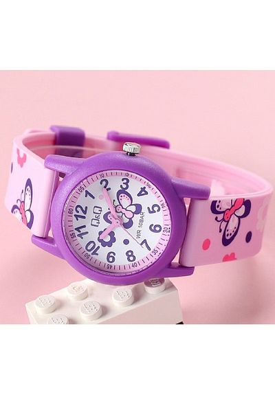Q&Q Purple Lilac Butterfly Patterned Waterproof Girl's Wristwatch with Numerals