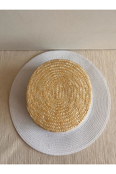 CosmoOutlet White Colored Natural Straw Detailed Beach Gondola Hat - Adjustable Inside