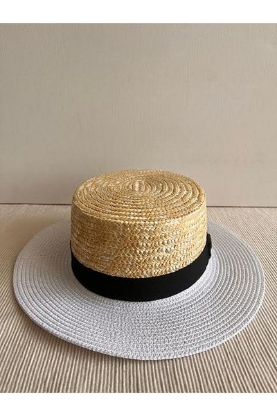 CosmoOutlet White Colored Natural Straw Detailed Beach Gondola Hat - Adjustable Inside