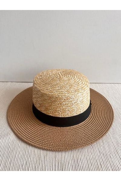 CosmoOutlet Camel Colored Natural Straw Detailed Adjustable Beach Gondola Hat