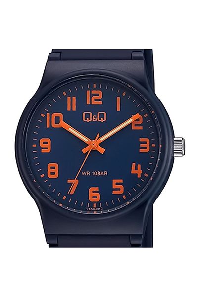 Q&Q Orange Navy Blue Waterproof Silicone Strap Unisex Wristwatch with Numbers