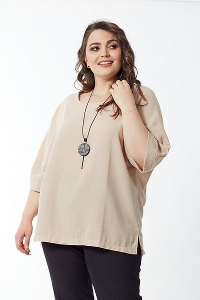Moda Alba Plus Size Cream Linen Blend Necklace Blouse - Stylish