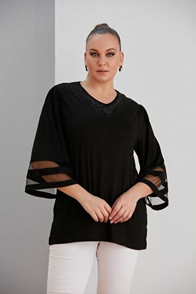 Butik Ayseba BUTIK AYSEBA WOMEN'S BLACK SLEEVES TULE DETAIL STONE V-NECK BLUZ