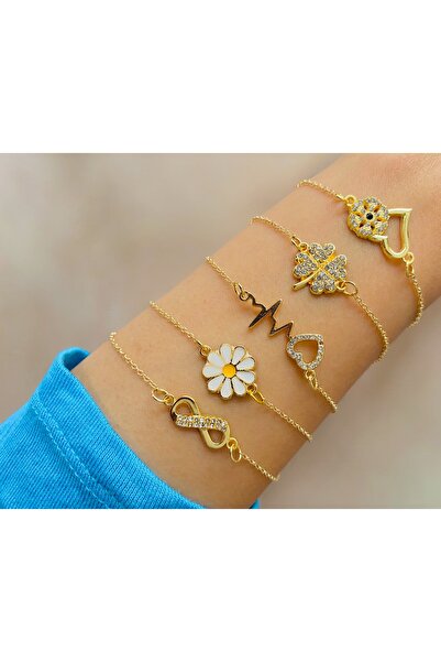 xesha 5 ' li Kombin Bileklik Seti Gold Renk Sonsuzluk Kalp Papatya Yonca Kar Tanesi Bilezik Künye Takımı
