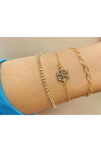 xesha 3 lü Kombin Bileklik Seti Gold Renk Bilezik Künye Takımı Kar Tanesi ve ...