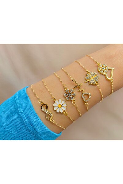 xesha 6 'lı Kombin Bileklik Seti Gold Renk Sonsuzluk Kalp Papatya Yonca Kar Tanesi Bilezik Künye Takımı