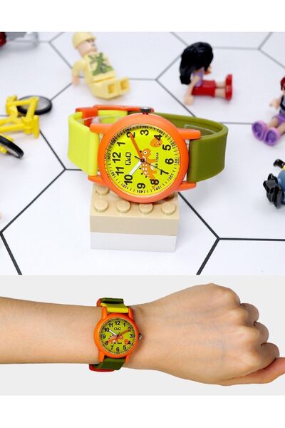 Q&Q Orange Green Dinosaur Patterned Waterproof Children's Wristwatch with Numbers