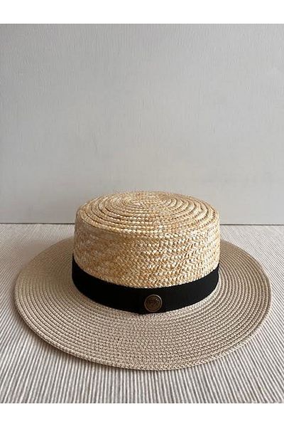 CosmoOutlet Beige Colored Beach Gondola Hat - Natural Straw Detailed, Adjustable Inside