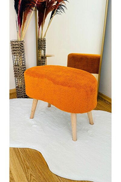 Bounteous Fasulye Model Ahşap Ayaklı Teddy Kumaş Dekoratif Puf Bench Tarçın
