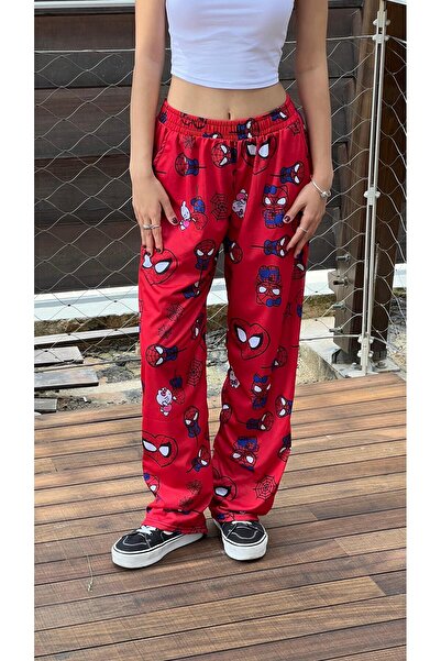 Toum Hello Kitty & Spider-Man Detaylı Kırmızı Unisex Bol Eşofman Altı