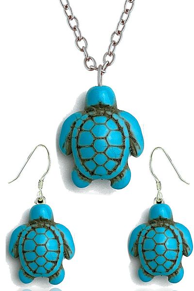 Tesbih Atölyesi Real Turtle Stone Necklace and Earring Set - Certified
