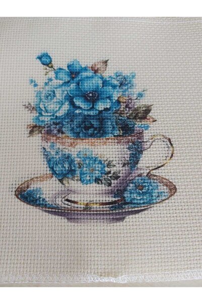 Goblen Atölyesi 20 Cm Kumaşa Renkli Mavi Güllü Fincan Baskılı Etamin Goblen