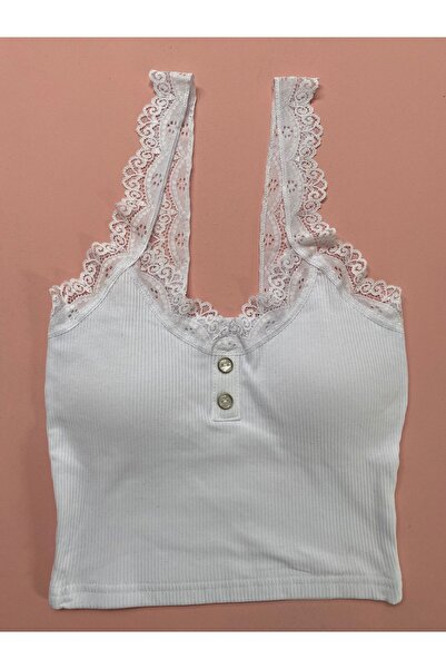 MODALİNOSA 3-Piece White, Black, Dried Rose Corded Fabric Half Tank Top - Detachable Pad and Button Detail