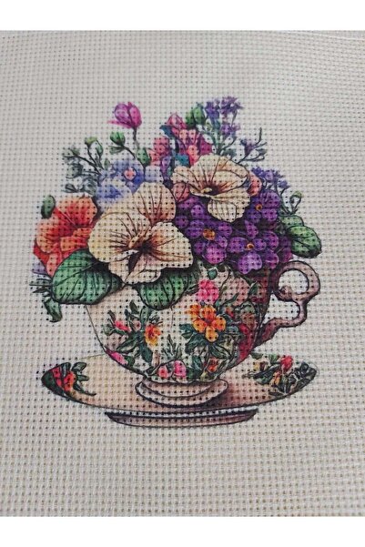 Goblen Atölyesi 20 Cm Kumaşa Renkli Menekşeli Demlik Baskılı Etamin Goblen