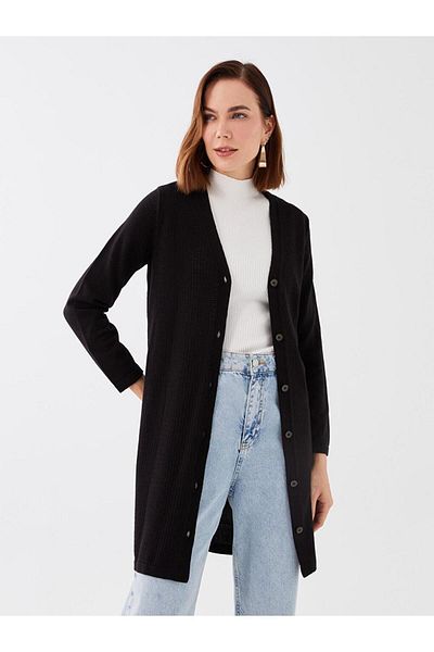LC Waikiki LCW Grace V-neck Openwork Long Sleeve Women's Knitwear Cardigan