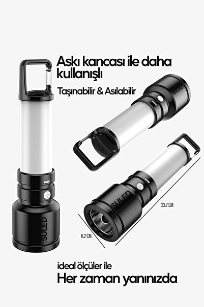SULED USB Şarjlı El Feneri ve Kamp Lambası 4 Modlu 10W A+ Led Işık Outdoor Askı Aparatlı Lityum Pilli