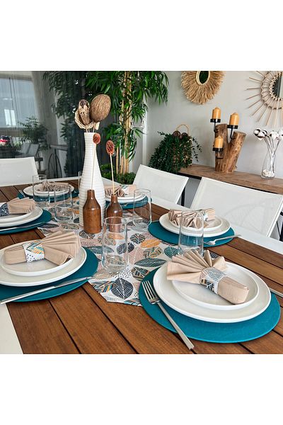 desen izmir New Season American Service - Soft Leaves Patterned 6 Plates and 6 Napkin Rings with Runner Cover