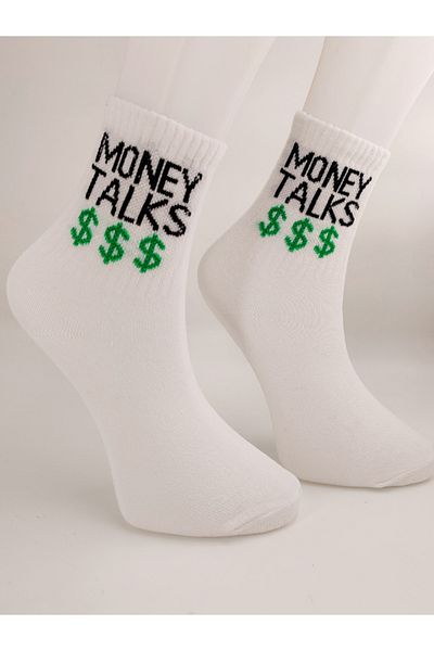 Shuttle Park White College Unisex Comics Socks - "Money Talk" Design with Lettering
