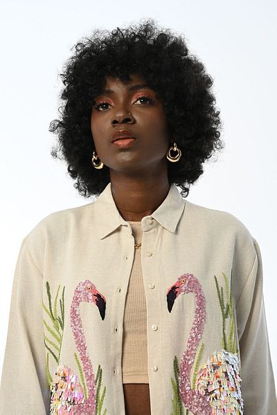 FURKAN EXCLUSIVE Beige Colored Flamingo Patterned Embroidered Oversize Women's Shirt
