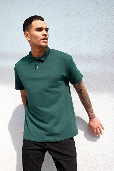 Buteks Emerald Green Sports Polo Collar Buttoned Cotton Casual Short Sleeve R...