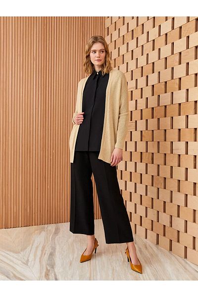 LC Waikiki LCW Modest Shawl Collar Plain Long Sleeve Oversize Women's Knitwear Cardigan