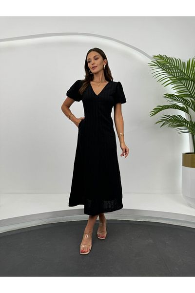 Elif Özbey Butik Rochie neagră cu mânecă prințesă în dungi