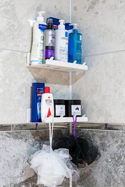 risingmaber Yapışkanlı 2li Beyaz Köşe Şampuan Tutucu, Banyo Düzenleyici, Mutf...