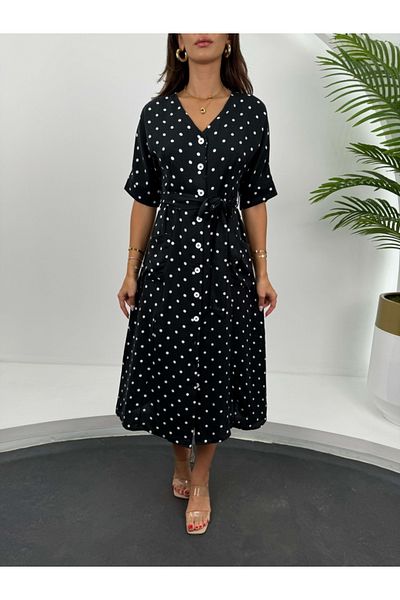 Elif Özbey Butik Rochie Midi Neagră Buline - Mânecă Scurtă